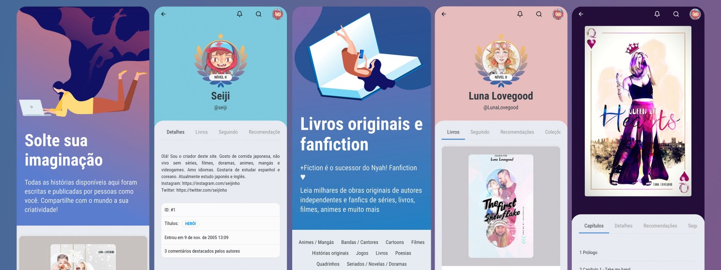 Interface web do plusfiction.com exibindo perfis de usuário, sistema de níveis e recomendação de histórias